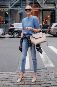 Fashion Jackson Wearing Anine Bing Nicolette Blue Sweater Denim Skinny Jeans Black Leather Jacket Snakeskin Mules Celine Mini Belt Bag NYC Street Style