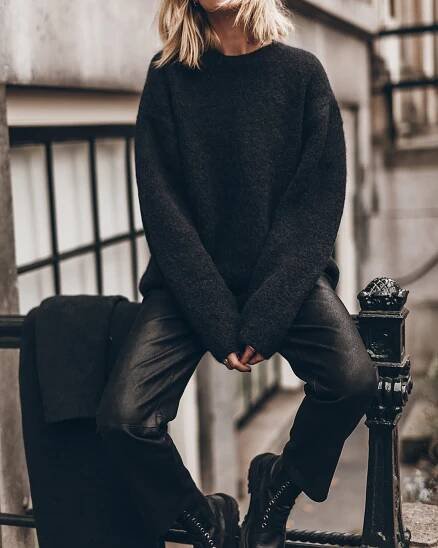 Black Fluffy Alpaca Knit Sweater Straight Leather Pants - Product photo