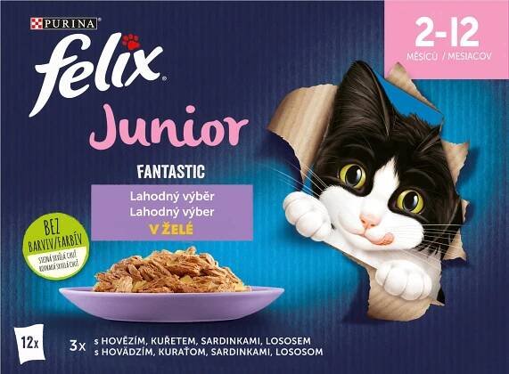 Felix Fantastic Junior hovězí / kuře / sardinky / losos v želé Multipack 12 x 85 g
