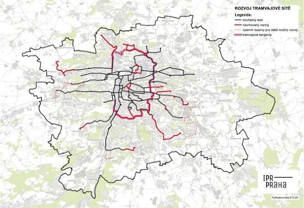 Schematická situace rozvoje tramvajové sítě Prahy