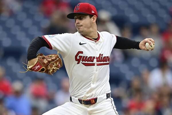 Cleveland Guardians pitcher, Logan Allen, pitching during the sixth inning of a baseball game against the Milwaukee Brewers on May 13, 2025, in Cleveland.