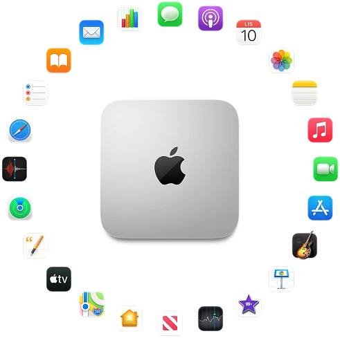 Mac mini obklopený ikonami předinstalovaných aplikací, které jsou popsány v následujících oddílech