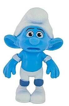 Vyděšený Šmoula nosí koleno a loket podložky charakter hraček z filmu The Smurf. — Stock obrázek