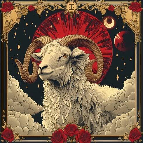Mystical aries zodiac with ram, red moon, and stars for astrology design