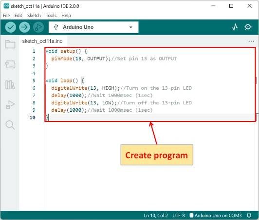 Arduino IDE Program to blink LED at 1 second intervals