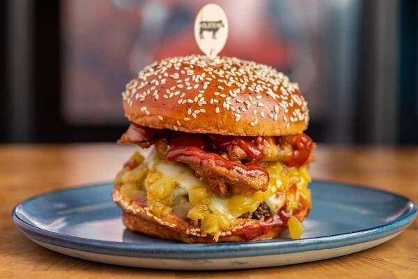 A cheeseburger with onions and ketchup.
