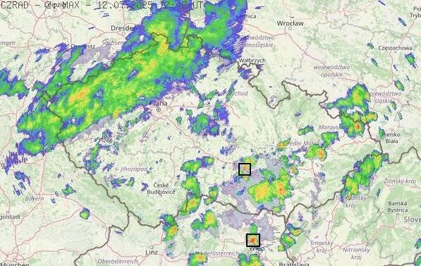Radarový snímek ČR s kroupy - 12.07.2025 14:45
