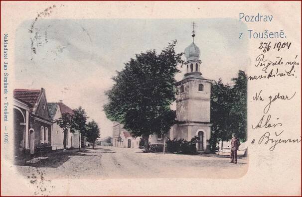 Lázně Toušeň * kostel, část náměstí, kolorovaná * Praha východ * M469