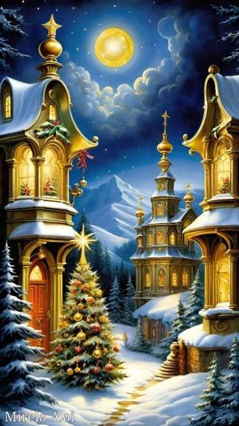 a painting of a snowy village with christmas trees