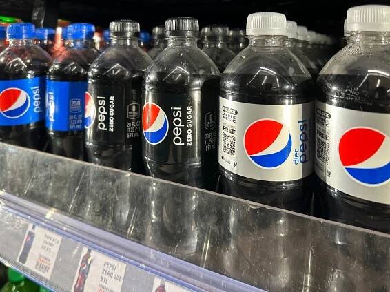 Regular, Zero Sugar, and Diet Pepsi bottles on a supermarket shelf in Miami, Florida on Aug 11, 2023