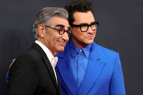Eugene Levy and Dan Levy attend the 73rd Primetime Emmy Awards at L.A. LIVE on September 19, 2021 in Los Angeles, California. (