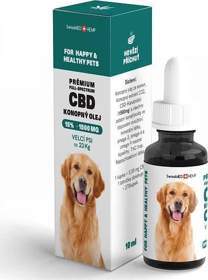SwissMEDHEMP Prémium CBD konopný olej pro velké psy 15% hovězí příchuť 10 ml