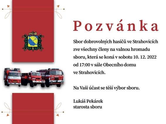Pozvánka na valnou hromadu sboru - 10. 12. 2022 - SDH Strahovice
