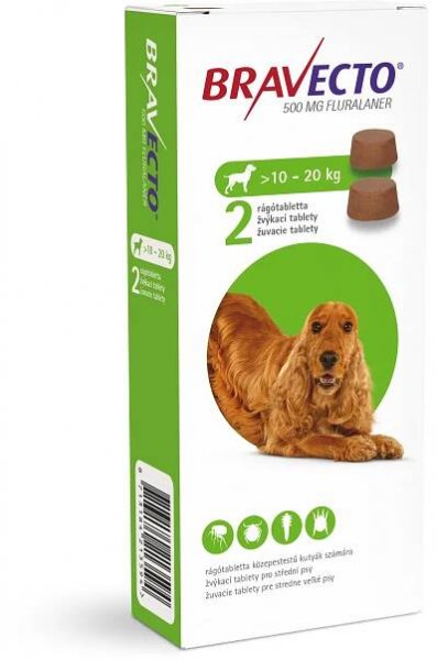 Bravecto M Dog 500 mg žvýkací tablety pro střední psy (>10 - 20 kg) ⋆ CYMEDICA – partner pro veterinární profesionály