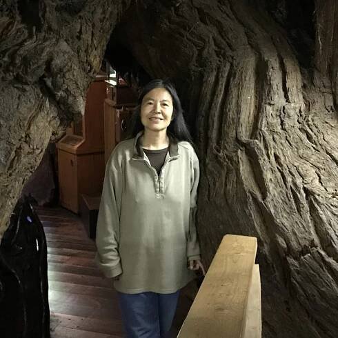 Angela Ying Liu Blackwell se stará o krámek s lokálními řezbářskými výrobky na úpatí stromového domu | foto: Jan Kaliba,  Český rozhlas,  Český rozhlas