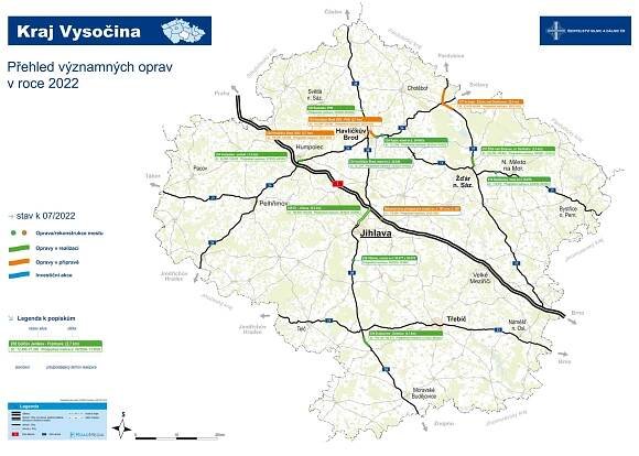 Mapa významných oprava na Vysočině k 07/2022 - Ředitelství silnic a dálnic s. p. pro kraj Vysočina