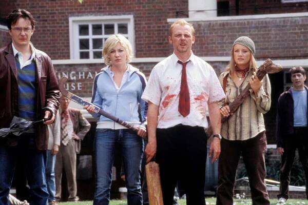 Dylan Moran as David, Kate Ashfield as Liz, Simon Pegg as Shaun, and Lucy Davis as Dianne in 'Shaun of the Dead'