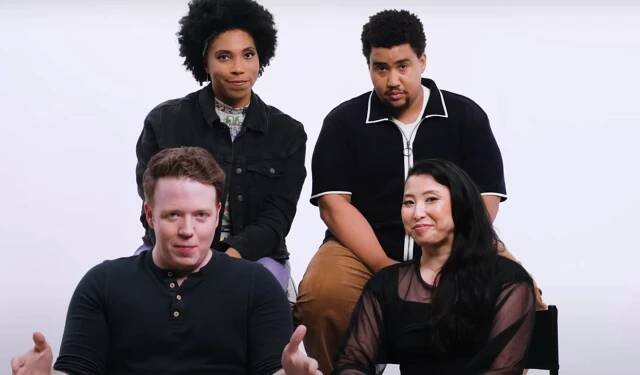 Brennan Lee Mulligan, Erika Ishii, Aabria Iyengar, and Lou Wilson all seated looking towards camera against a white background. Brennan and Erika slightly lower in the frame than Aabria and Lou.