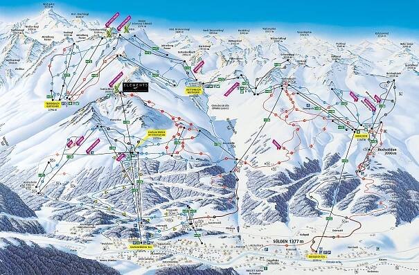 Sölden - lyžařská mapa, skimapa sjezdovek a lanovek, zimní panorama ski areálu