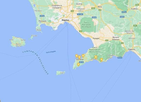 Map of Campania that shows the location of Sorrento and Sorrentine Peninsula