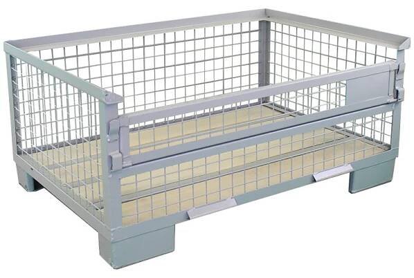 Stahl-Gitterbox für die Lagerung und den Transport von Waren, robustes Design mit stabilen Wänden und einem offenen Boden für einfache Handhabung und Belüftung. Ideal für industrielle Anwendungen und Lagerhaltung.