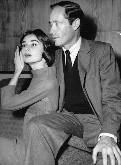 Audrey Hepburn and Mel Ferrer arriving at the London Airport for the premiere of War and Peace, November 16, 1956. Audrey flew in from Paris where she was working on her latest film Love in the Afternoon and Mel travelled from Hollywood.