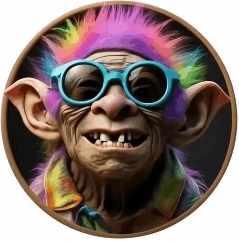 Colorful troll with sunglasses and rainbow hair.