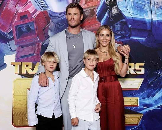 Chris Hemsworth, Elsa Pataky, Tristan Hemsworth and Sasha Hemsworth arrive at the "Transformers One" Australian Premiere at the IMAX Darling Harbour on September 11, 2024 in Sydney, Australia. 