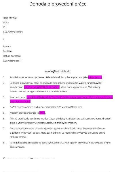 Dohoda o provedení práce 2025 - vzor ke stažení zdarma