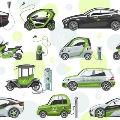 Obraz Elektrické vektorové auto se solárními panely eco electro transport ilustrace automobilové zásuvky elektrické auto nabíječka baterie bezešvé vzor pozadí
