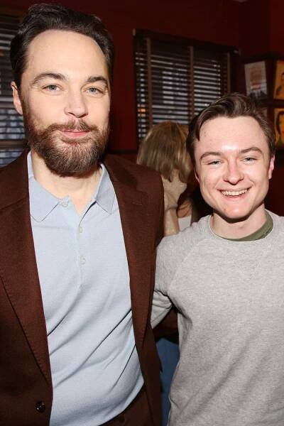 Jim Parsons and Nephew Michael Pruski pose at a celebration honoring Jim Parsons for his performance in the play "Our Town" on Broadway on January 7, 2025 in New York City.