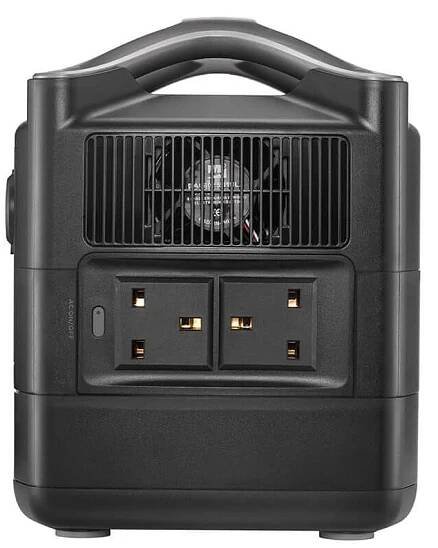 The EcoFlow RIVER Max - 576Wh Portable Power Station is a black portable power station featuring multiple AC outlets and a convenient carry handle on top.