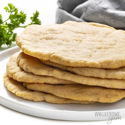 Stack of low carb flatbread rounds on a plate
