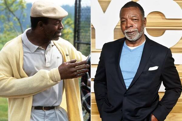 Carl Weathers talks to Adam Sandler in a scene from the film 'Happy Gilmore', 1996; Carl Weathers attends The Mandalorian FYC Event at DGA Theater Complex in Hollywood, California on June 11, 2023