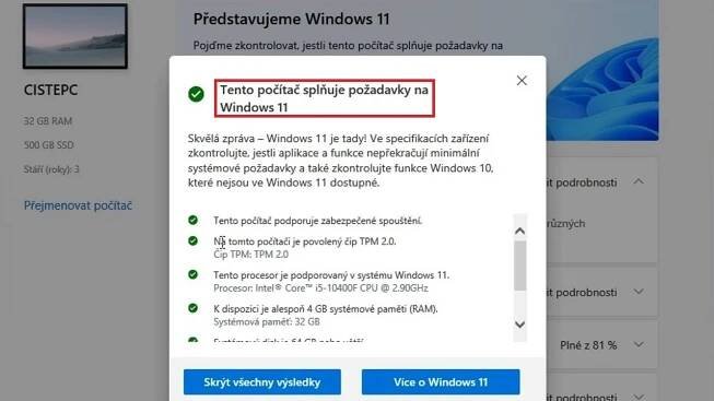 Kontrola stavu osobního počítače (Pc health check Windows 11)