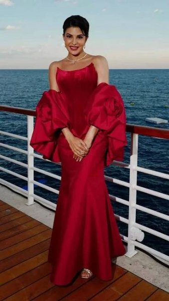Jacqueline Fernandez sets Cannes 2025 ablaze in fiery red gown and dazzling diamonds