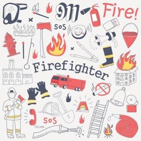 hasič freehand doodle. hasič s hasicím přístrojem a zař ízením ručně kreslené prvky sada - hasič ilustrace stock ilustrace