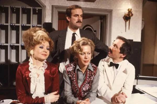 The cast of Fawlty Towers, (L-R ) Prunella Scales as Sybil, John Cleese as Basil, Connie Booth as Polly and Andrew Sachs as Manuel.
