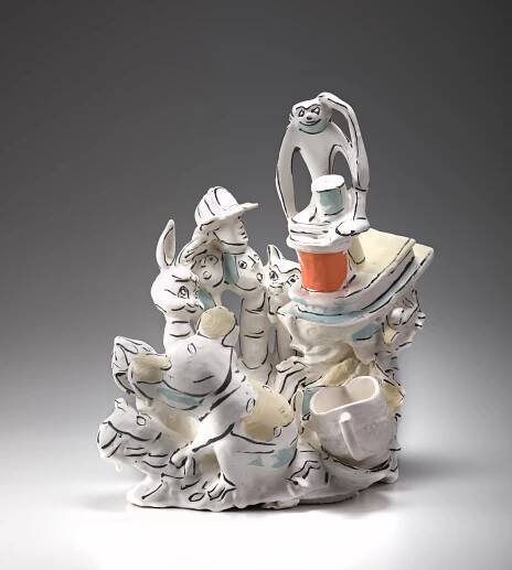 Untitled (Cup Bricolage with Monkey, Boat, Mouse and Hand), 1995, ceramic and glazes