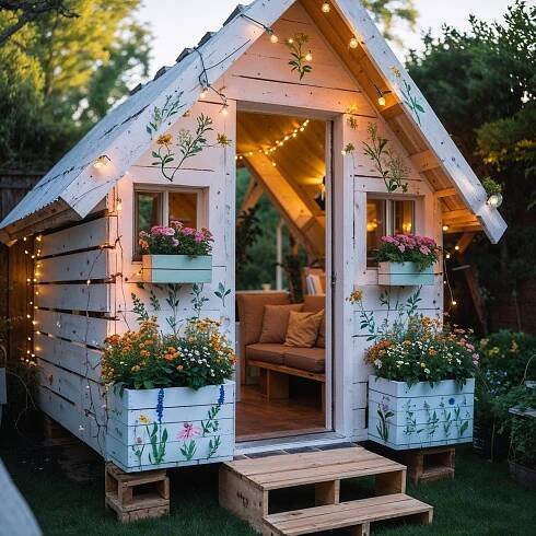 a small wooden house with flowers in the window boxes and potted plants on either side