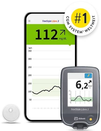 Komposition des FreeStyle Libre 3 Messsystems (Sensor, Smartphone-App und Lesegerät), sowie Sticker in der rechten Ecke mit der Aufschrift: Nummer 1 CGM-System weltweit