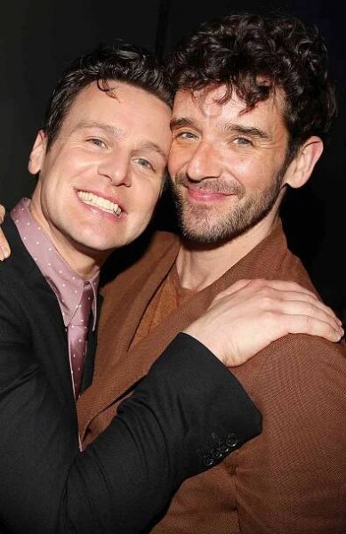 Jonathan Groff and Michael Urie pose at the opening night after party for the new Bobby Darin musical "Just in Time"
