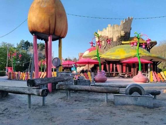 View on the giant mushroom of Plop's Garden in Plopsaland Theme Park Belgium