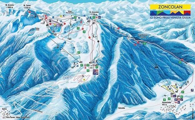 Lyžařská mapa Zoncolan Ravascletto, Friuli Benátsko, Itálie
