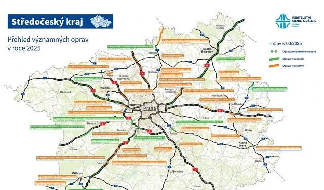 Středočeský kraj a Praha - mapa oprav