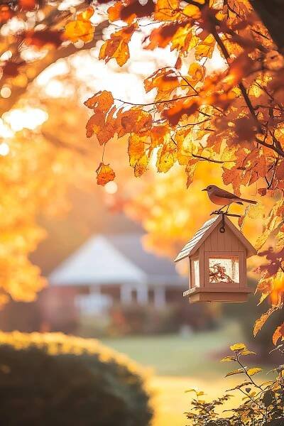 A bird perched atop a birdhouse surrounded by autumn leaves with a soft-focused house in the background, bathed in golden light.