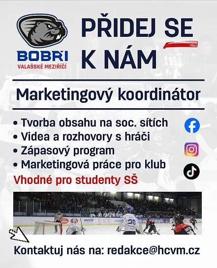 Přidej se k nám! Hledáme marketingového koordinátora HC Bobři Valašské Meziříčí