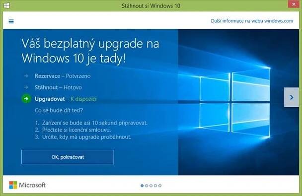 Jakmile je upgrade připraven k instalaci, hned se vám nabídne jeho instalace.