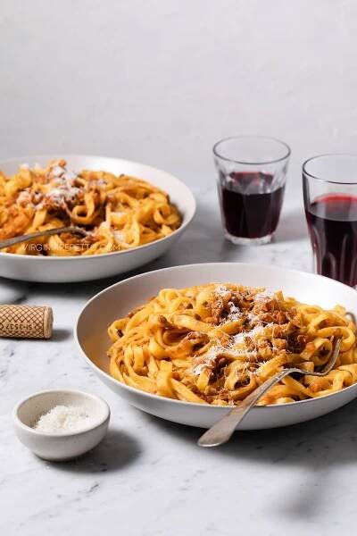 Brown food photography - Tagliatelle with red lentil Bolognese