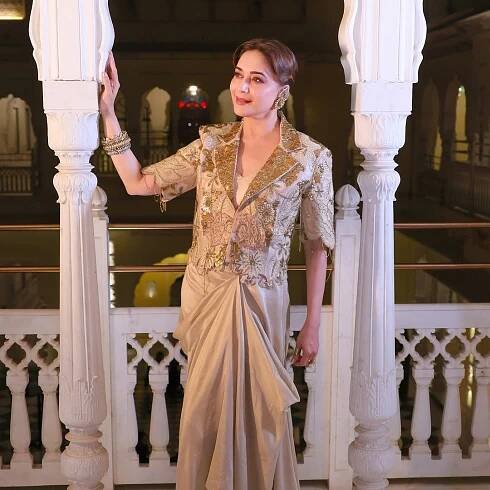 Madhuri Dixit Nene’s ivory Gazal Gupta drape skirt + blazer set took 450 hours to finish